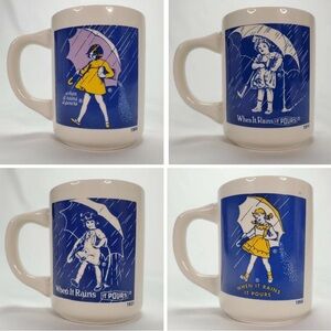 Vintage Morton Salt Girl "When It Rains It Pours" Mug Set Of 4 Ceramic Mugs
